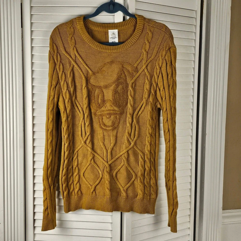 Disney Womens‎ Mustard Yellow Donald Duck Cable Knit Sweater Medium